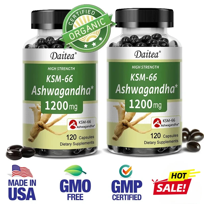 Ashwagandha Capsules 1200 Mg - Stress Mood Formula, Energy and Focus Booster, 120 Vegetarian Capsules