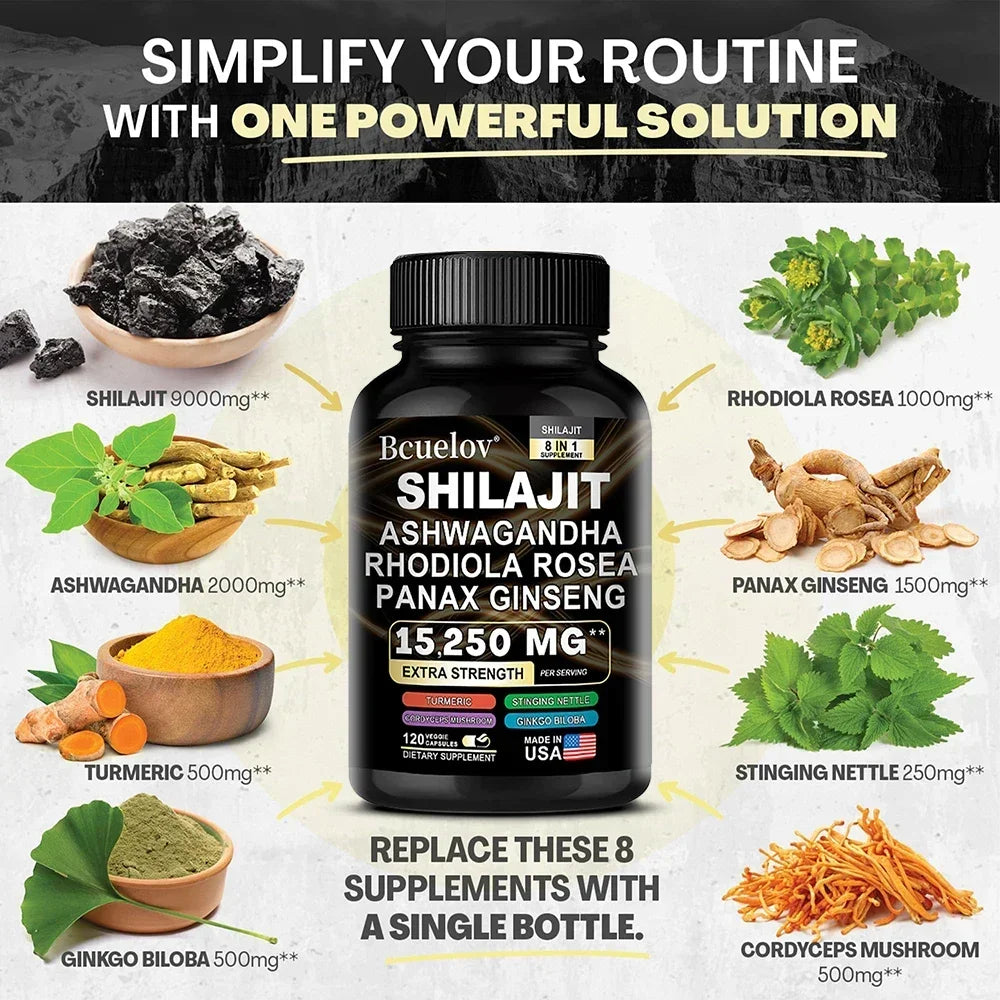 Shilajit Supplements - 8 in 1 Rhodiola Rosea 1000MG, Ashwagandha, for Brain Health, Memory, Concentration and Immunity