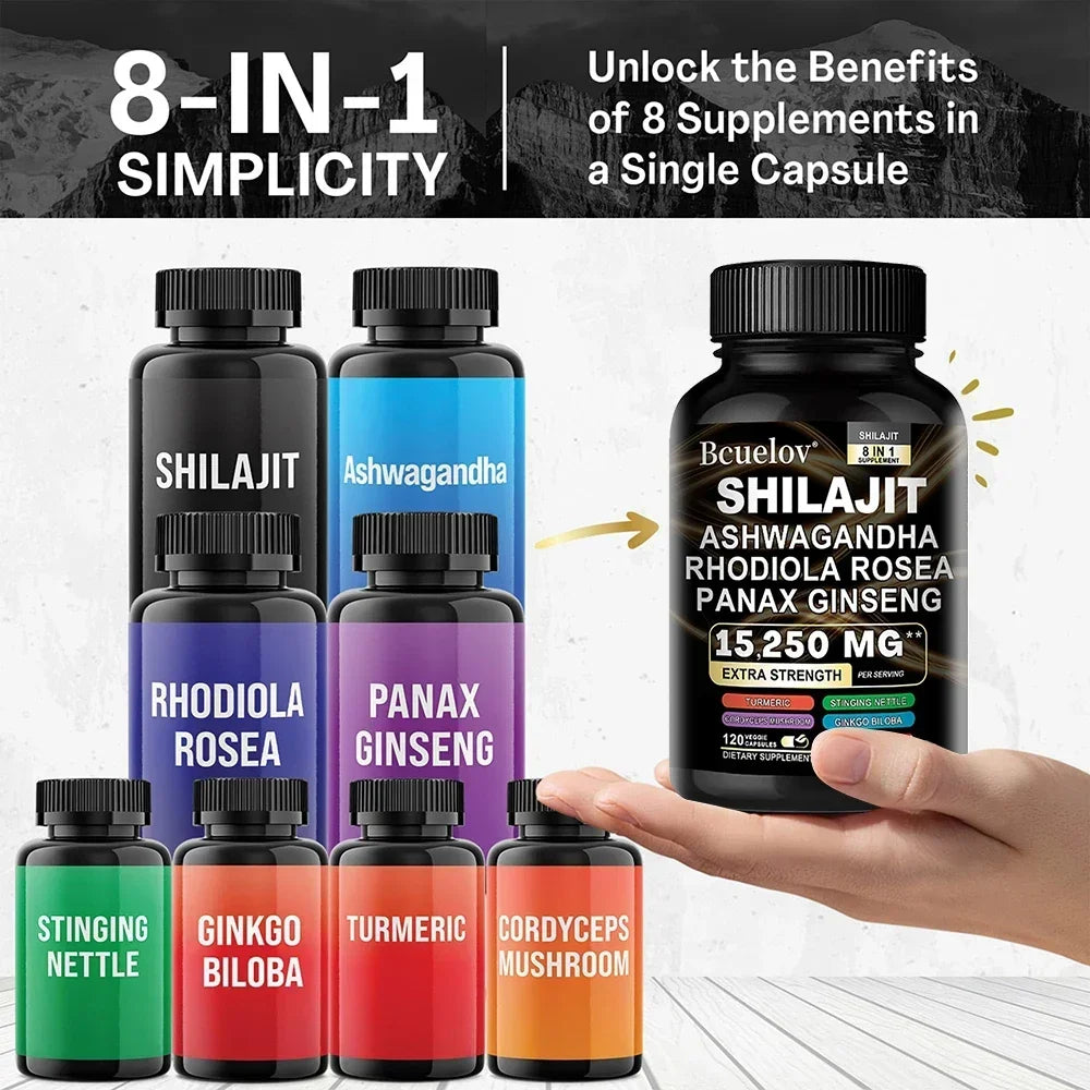 Shilajit Supplements - 8 in 1 Rhodiola Rosea 1000MG, Ashwagandha, for Brain Health, Memory, Concentration and Immunity