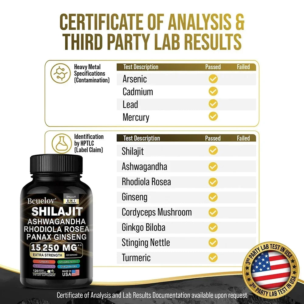 Shilajit Supplements - 8 in 1 Rhodiola Rosea 1000MG, Ashwagandha, for Brain Health, Memory, Concentration and Immunity